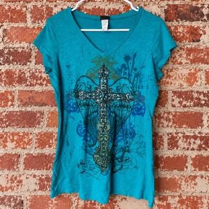 Y2K Teal Cross Graphic T-Shirt Rhinestone V-Neck XL 2000s McBling Cyber Gothic